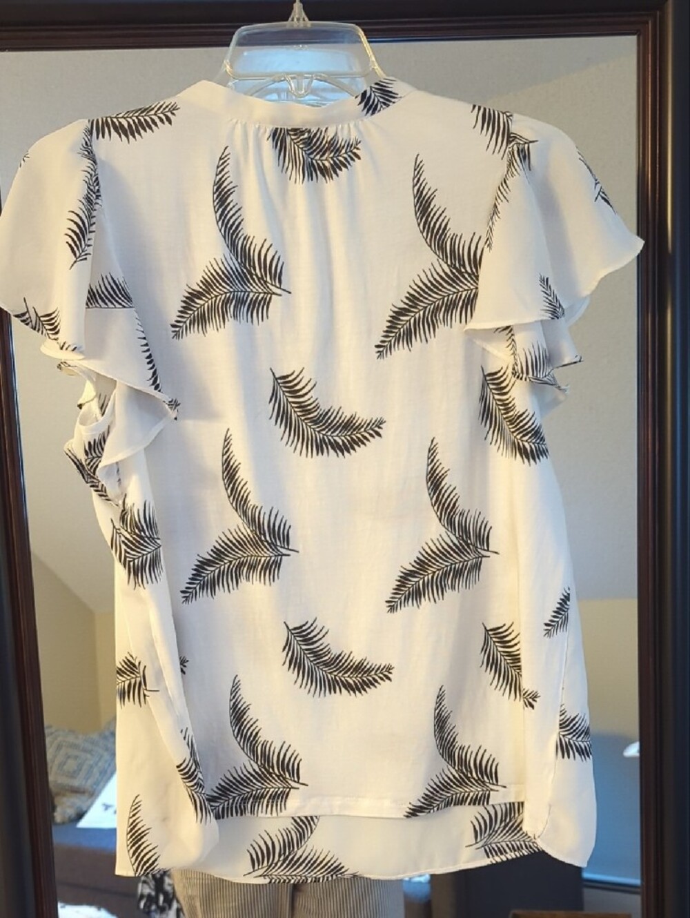 LOFT White Blouse with Black Palm Leaf Print and Tie V-Neck - Picture 5 of 9